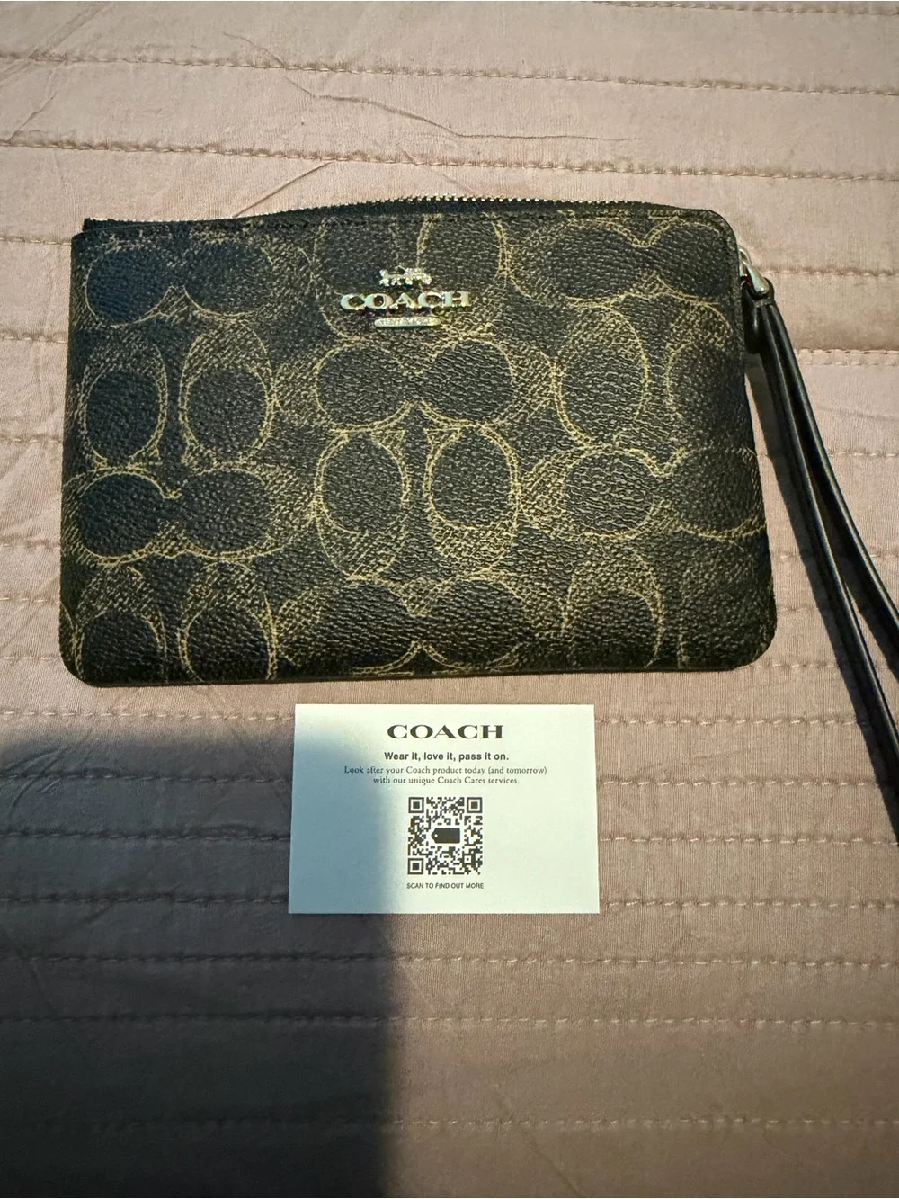 Coach Black Signature Canvas Wristlet with Gold Logo